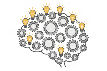 Brain working as gears and light bulbs representing creative thinking, process, innovation, and idea generation