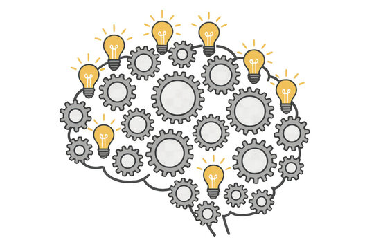 Brain working as gears and light bulbs representing creative thinking, process, innovation, and idea generation