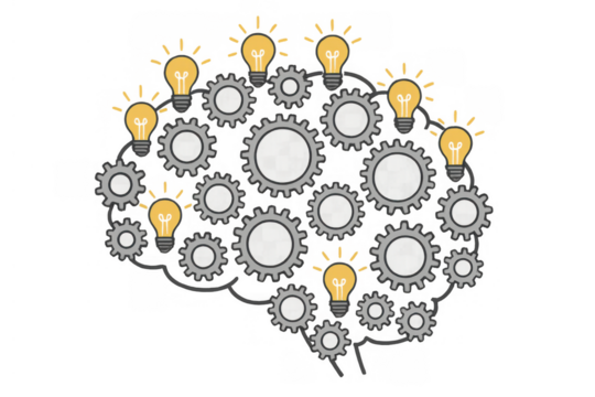 Brain working as gears and light bulbs representing creative thinking, process, innovation, and idea generation