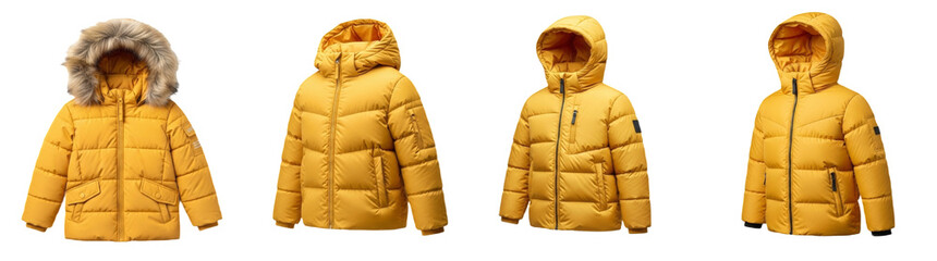 Set Of yellow warm down jackets isolated on white transparent background, Winter Jackets PNG 