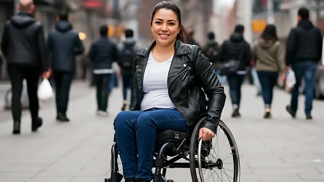 Confident Woman in Wheelchair Navigating City Streets with a Crowd of People Walking Behind her