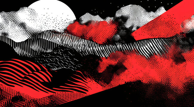 Abstract red and black graphic landscape illustration. Modern background with mountains, sun, and halftone patterns. Futuristic pop art style vector design