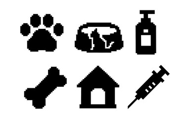 Obraz premium Pixel pets and accessories icons set: paw print, carrier, shampoo, syringe, bone, doghouse