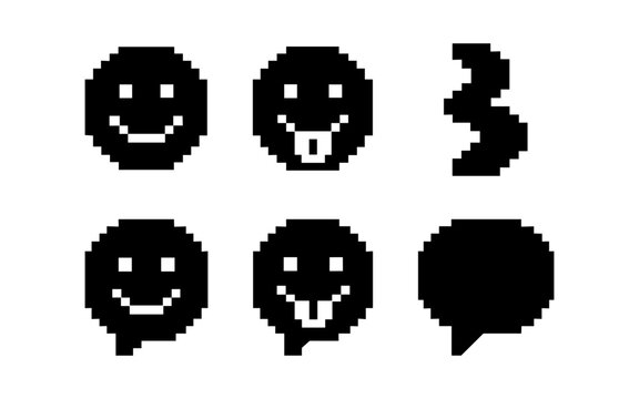 Pixel art emoji set: retro black white smileys and speech bubble icons