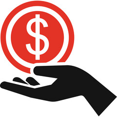 Black Hand Offering Red Coin With White Dollar Sign Against Transparent Background With Clean Flat Icon Design and Graphic Style Vector Illustration