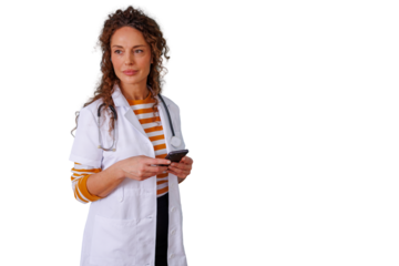 Healthcare professional wearing a lab coat and stethoscope, using a mobile phone, representing remote care and digital health