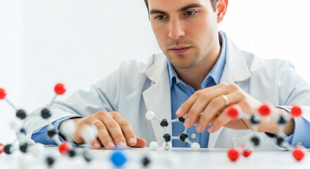Man scientist analyzing atom structure. Chemistry molecular compound model for scientific research and education. Biology and physics study concept.