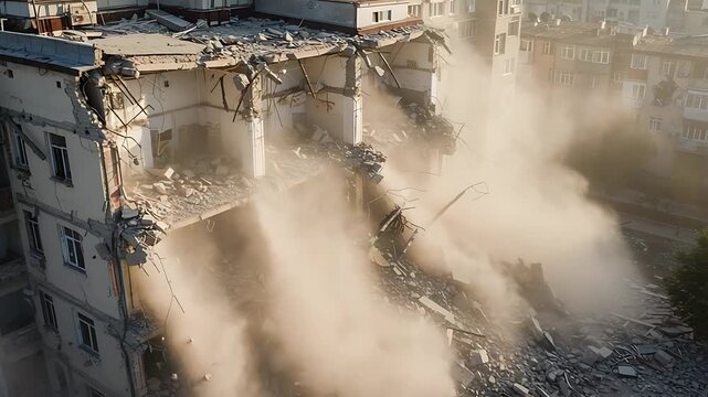 Dramatic Demolition: Building Implosion Creating Dust Clouds and Debris Field, Destruction