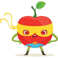 Cartoon Red Apple Superhero With Yellow Mask And Blue Cape Standing Confidently Ready For Action