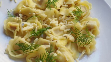 Tortellini with parmesan, ready to eat, Italian ravioli pasta with spinach and ricotta on white table, traditional italian food with herbs and vegetables