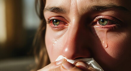 Woman crying and wiping her nose with a tissue, expressing sadness or experiencing allergy symptoms like tearing and runny nose. Emotional distress concept.