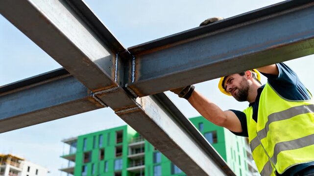 Medium shot of recycled low carbon steel beams being installed focusing on circular economy and materials repurposing in construction projects.