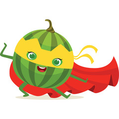 Cute Watermelon Character Wearing a Yellow Mask and Red Cape as a Superhero Standing with Arms Outstretched and a Cheerful Expression on a Transparent Background