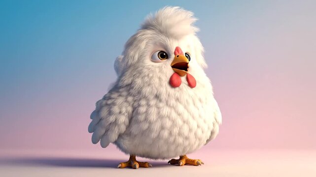 Animated fluffy chicken character with expressive movements in a pastel-toned