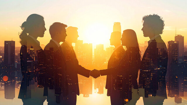 朝日夕日の中の都市オフィスで交渉と握手を交わす多様なビジネスパートナーがきらきら輝き希望と成功を感じる瞬間