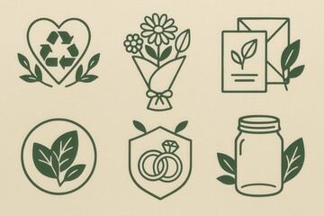 Eco friendly symbols of sustainability featuring a heart with recycle icon, floral bouquet, leaf, engagement rings within shield design, and glass jar alluding to environmental responsibility