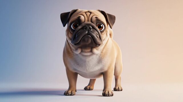 Animated pug dog showcasing various facial expressions and stance in a