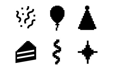 Fototapeta premium Pixel art party icons set: balloons, confetti, cake, and party hat in black silhouette style