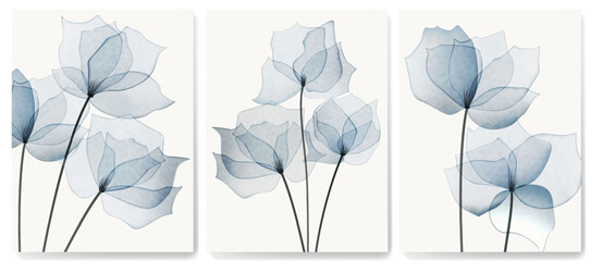 Set of floral cards featuring blue flowers in a transparent, hand-drawn watercolor style. Vector nature backgrounds for posters, prints, greetings, banners, interiors, and covers.