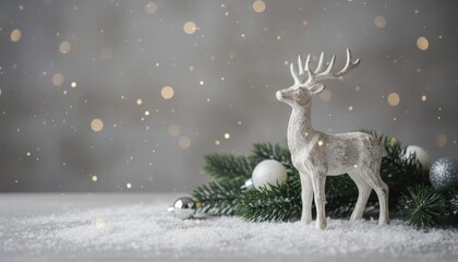 White decorative reindeer surrounded by soft winter elements creating a peaceful holiday-inspired scene.
