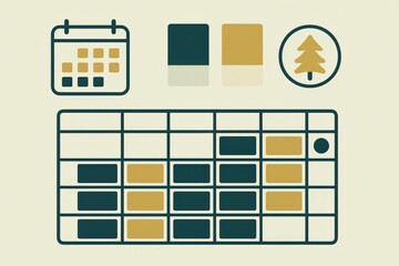 Abstract monthly planner design illustrating a calendar grid with color swatches and a symbol representing a pine tree for organizational and creative purposes