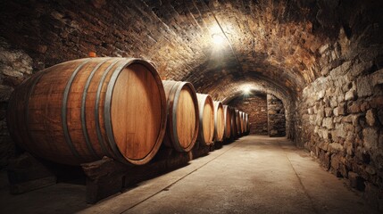 Stacked Oak Wine Barrels in a Warm, Inviting Cellar With Soft Lighting and Dark Stone Walls