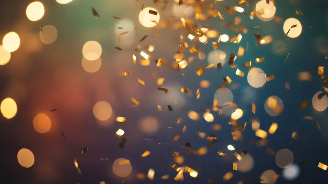 Celebrate success with dazzling gold confetti and sparkling bokeh lights, perfect for festive occasions.