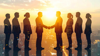 朝日夕日の中の都市オフィスで交渉と握手を交わす多様なビジネスパートナーがきらきら輝き希望と成功を感じる瞬間
