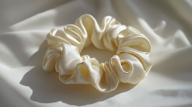 Creamcolored satin scrunchie on a white satin background with soft shadows
