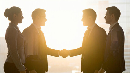 朝日夕日の中の都市オフィスで交渉と握手を交わす多様なビジネスパートナーがきらきら輝き希望と成功を感じる瞬間