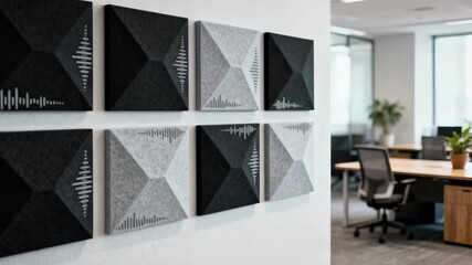 Medium shot of acoustic panels installed on a modern office wall demonstrating effective noise control and improved sound quality in an open workspace.