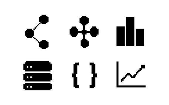 Minimalist black pixel icons for data and networking concepts