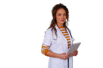 Female doctor wearing lab coat and stethoscope, holding tablet, representing healthcare and medical innovation on transparent background