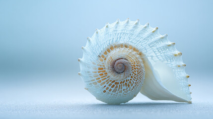A white nautilus shell on a blue background with copy space