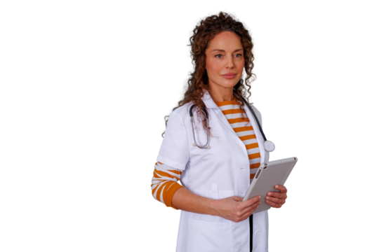 Female doctor wearing lab coat and stethoscope, holding tablet, representing healthcare and medical innovation on transparent background - Powered by Adobe