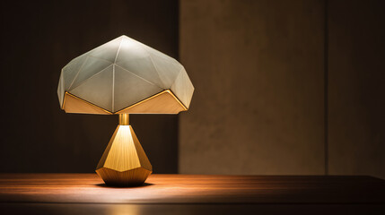 Modern geometric table lamp with golden accents on a wooden surface