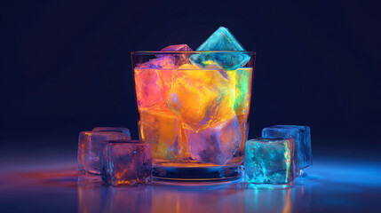 Colorful ice cubes in a glass with liquid on a dark background