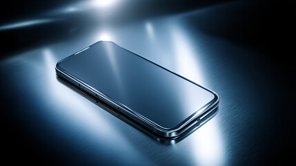 Smartphone on a dark surface with blue lighting and reflections