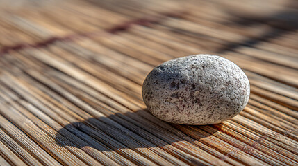 Zen stone on a bamboo mat with a soft shadow in the sunlight