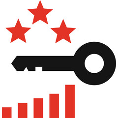 Black key and three red stars above red bar chart isolated on white background represents success achievement or ranking high quality analysis