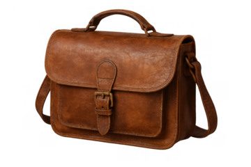 Brown leather satchel bag with buckle closure, front pocket, and adjustable strap on transparent background