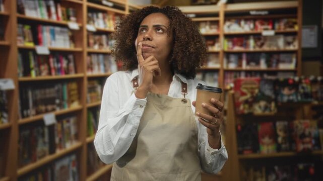 Young woman in beige apron bites fingernail while holding takeaway coffee cup in library aisle lined with books; anxiety contemplation.
