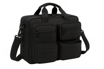Black messenger bag for business and travel with multiple pockets, carrying personal items and documents