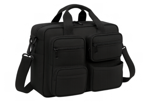 Black messenger bag for business and travel with multiple pockets, carrying personal items and documents