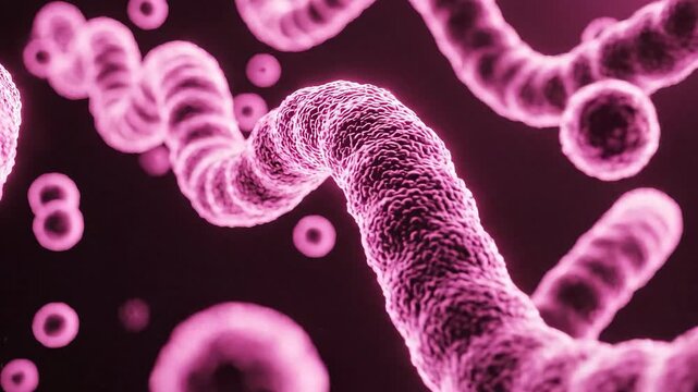 Close-up view of microscopic bacteria or microorganisms, showing their detailed cellular structure and vibrant pink coloration against a dark background.