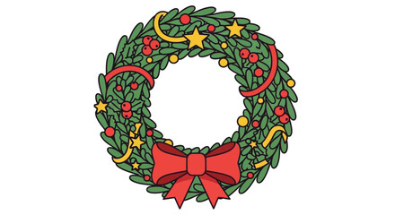 Festive Christmas Wreath with Red Bow and Ornaments, Celebrating Holiday Season