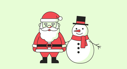 Festive Christmas Illustration of Santa Claus and a Snowman Standing Together Against a Light Green Background