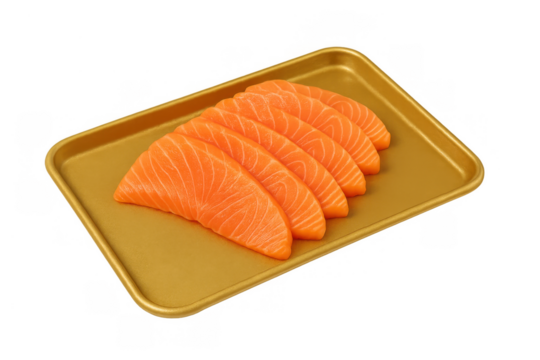 Fresh salmon sashimi slices on a golden tray, ready for japanese cuisine preparation or raw fish consumption