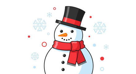 Festive snowman with a red scarf and black top hat surrounded by snowflakes, perfect for winter holiday decorations and seasonal greetings