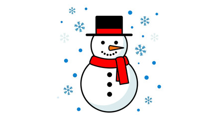 A cheerful snowman dressed in a black top hat and a red scarf, surrounded by falling snowflakes, evokes a festive winter holiday spirit